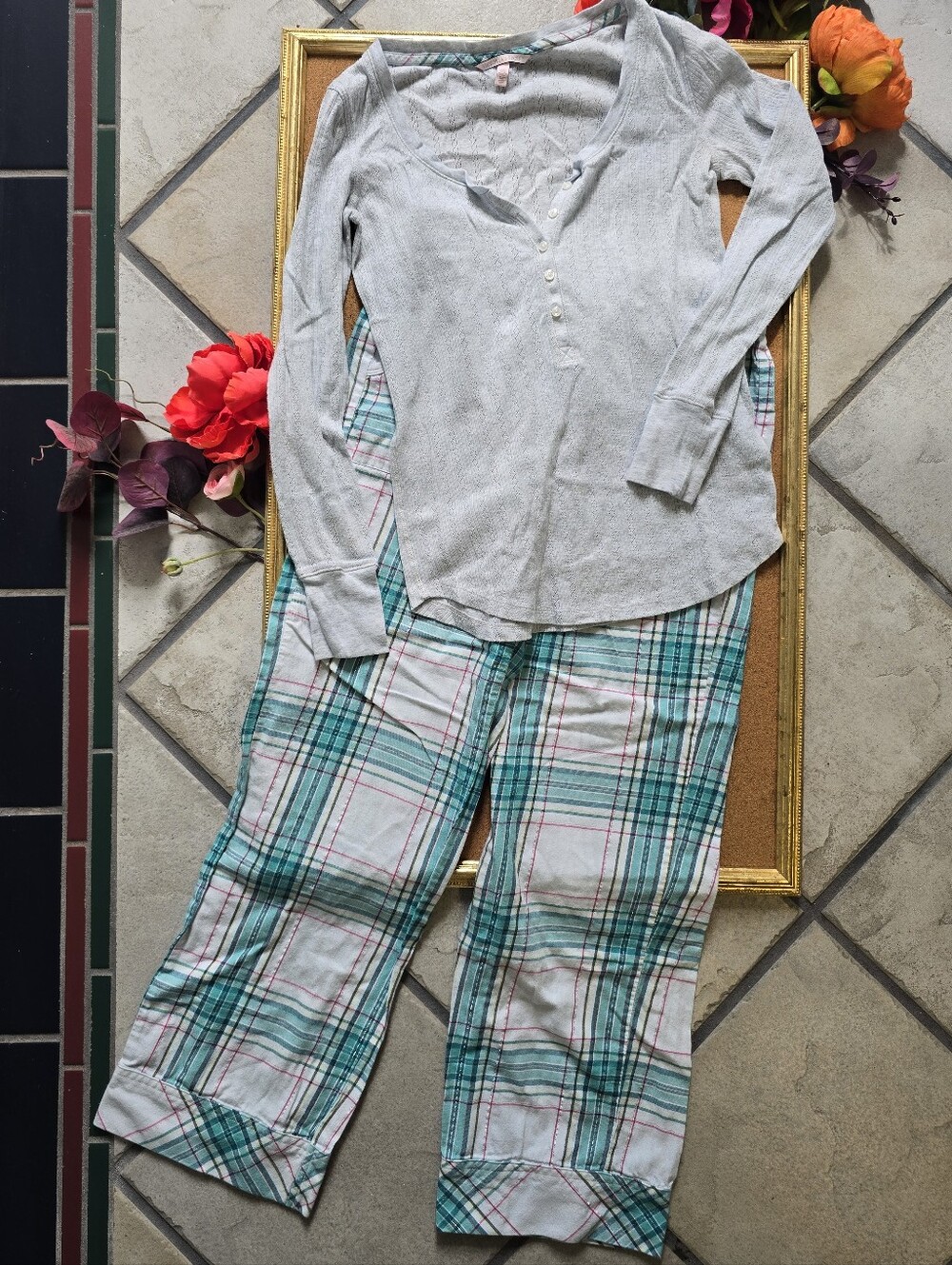 Victoria's Secret Light Gray Henley Top with Teal and White Plaid Pajama Pants